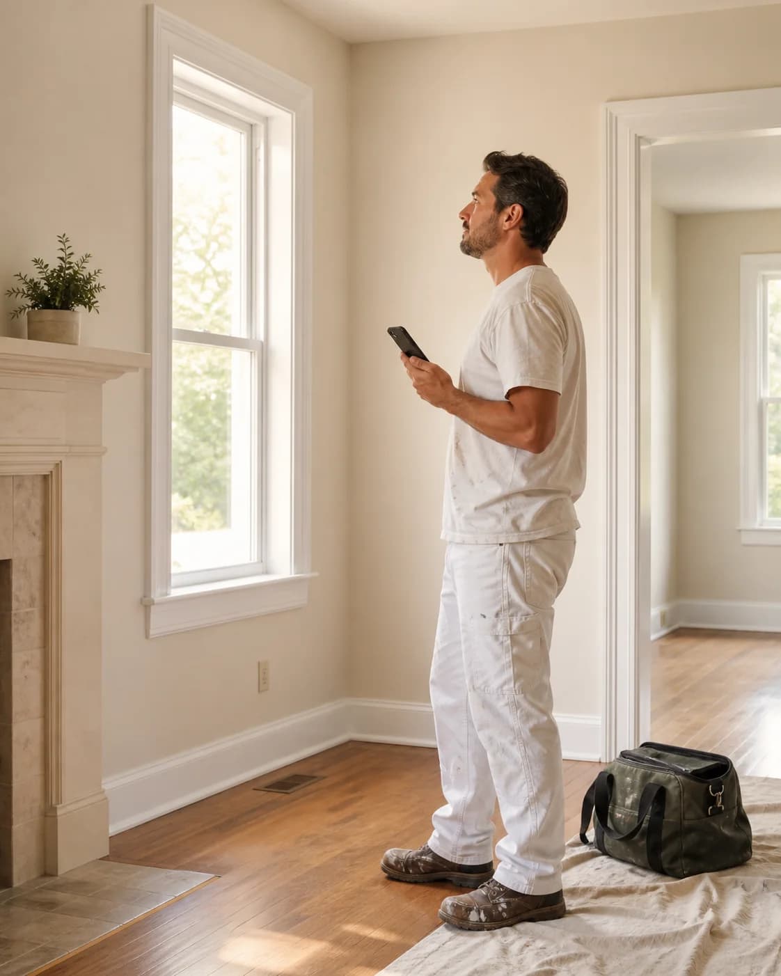 Independent painter reviewing a residential room while recording walkthrough notes on a phone